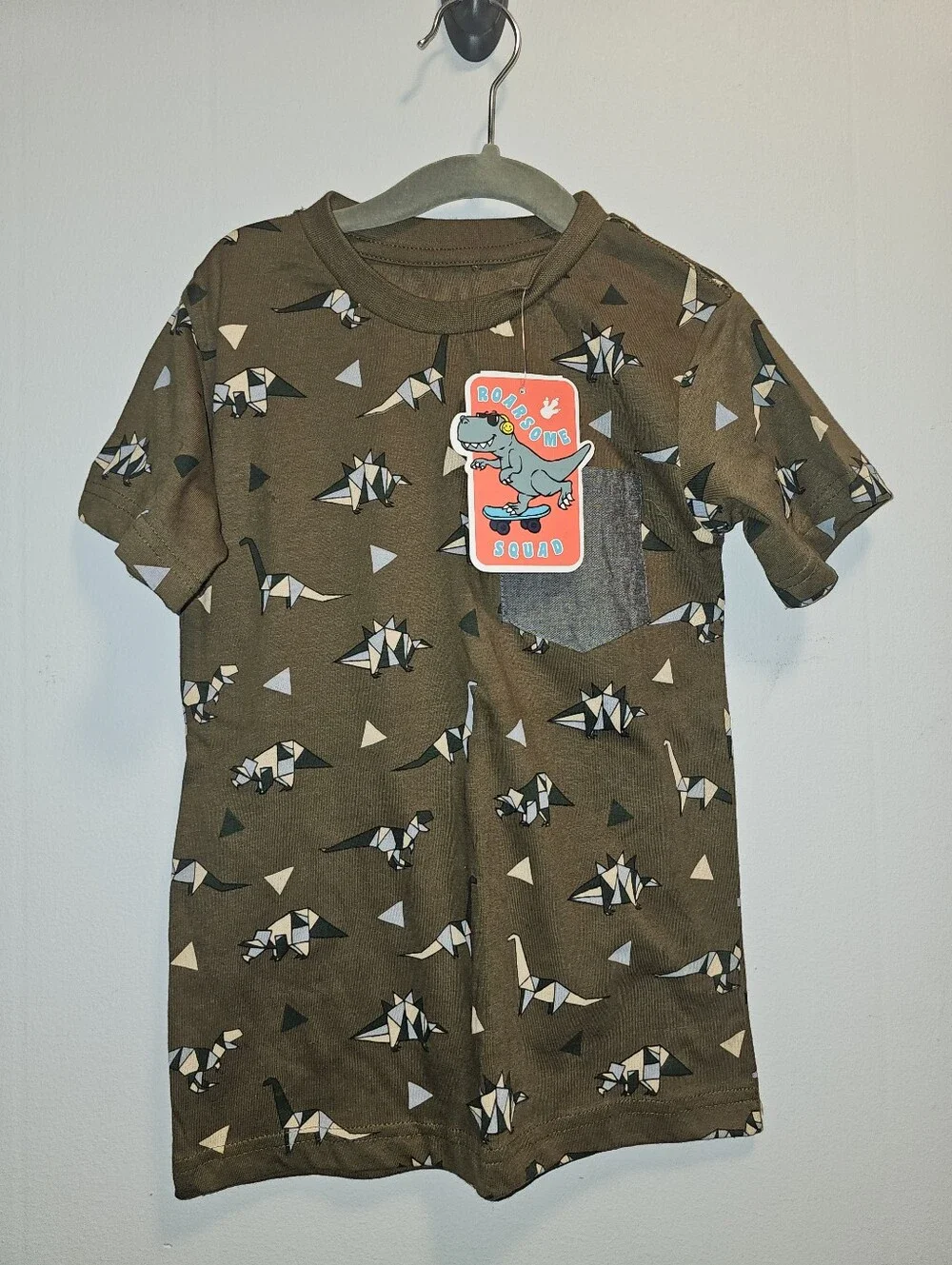 NWT | 4 | Eighty Eight Brand | Olive Brown Dinosaur Print Pocket T-Shirt